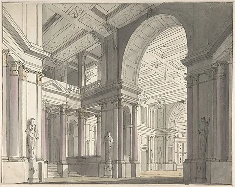 Josef Platzer, Design for a Stage set Showing the Interior of a Palace (recto); Architectural Sketch (verso)