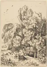 William Havell, Landscape with Trees, Girl Crossing Footbridge