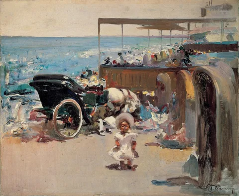 José Navarro, Horse-drawn Carriage and Child on the Beach