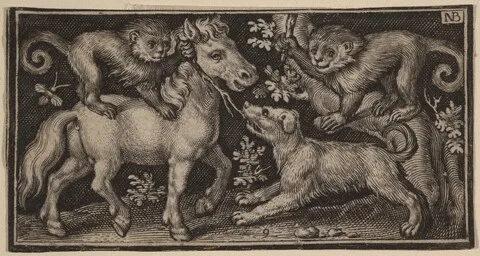 Nicolaes de Bruyn, Horse with Two Monkeys and a Dog