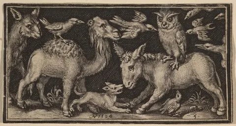 Nicolaes de Bruyn, Owl on Back of Donkey, Bird on Back of Camel with Other Animals