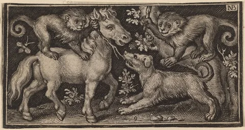 Nicolaes de Bruyn, Horse with Two Monkeys and a Dog