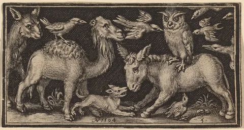Nicolaes de Bruyn, Owl on Back of Donkey, Bird on Back of Camel with Other Animals