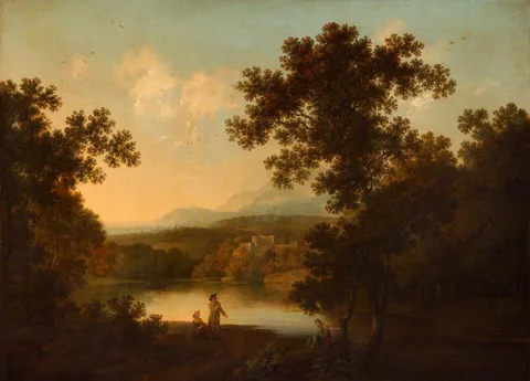 George Smith, A Landscape with Views of a Ruined Castle and a distant Town seen over Water