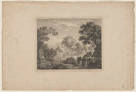 George Smith, Woodland Village with a Woman on a Footbridge