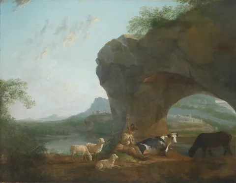 Benjamin Barker, Italianate Landscape with a Herdsman and Three Sheep and Two Cows under a Rock Arch