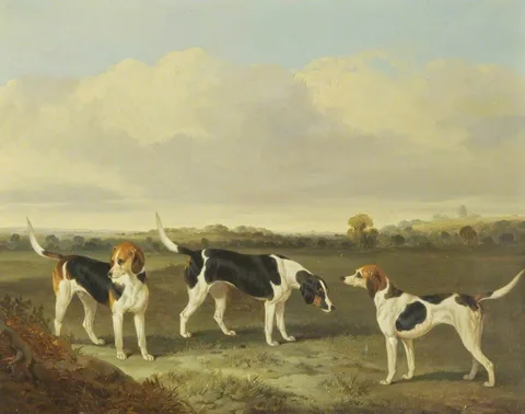 John Dalby, Three Foxhounds in a Landscape