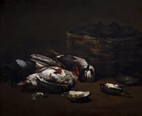 Germain Théodule Clément Ribot, Still Life with Dead Birds and a Basket of Oysters