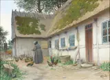 Alfred Larsen, Farmyard scene with a woman feeding hens.