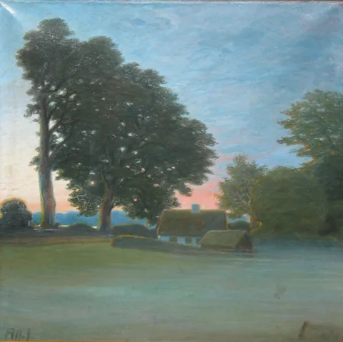 Alfred Larsen, Sunset over landscape with farmhouse.
