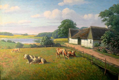 Alfred Larsen, Landscape with grazing cows.da= Landskab med græssende køer.