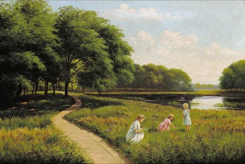 Alfred Larsen, Landscape with three girls picking flowers.