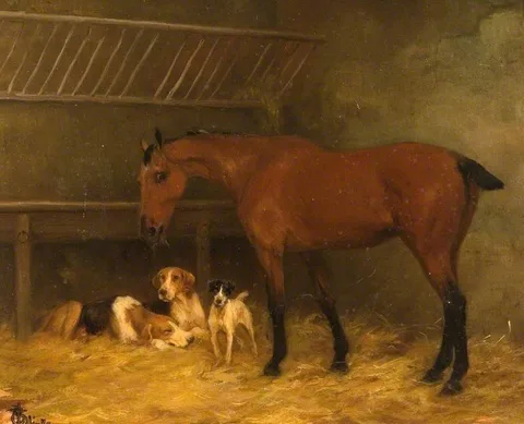Thomas Blinks, Little Bay Mare with Docked Tail Eating Hay with Three Dogs at Her Feet