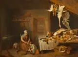 Benjamin Blake, Game Larder with Dead Game, an Old Woman plucking a Partridge and a Boy