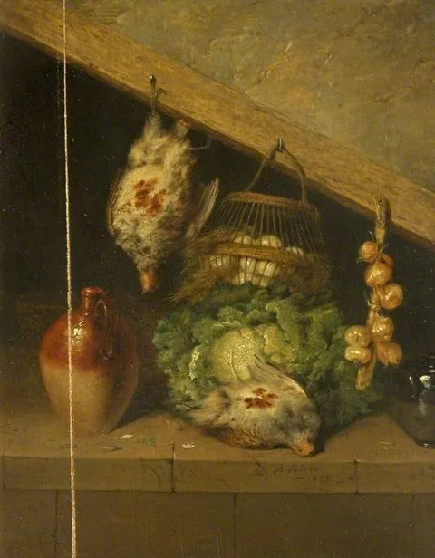 Benjamin Blake, Still Life of a Hanging Bird, a Jar and a Cabbage