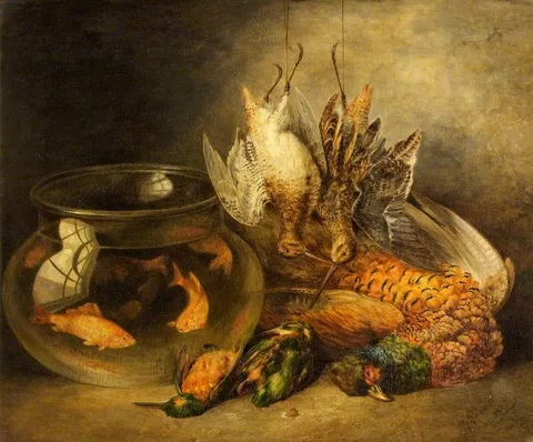 Benjamin Blake, Still Life, Game and Hanging Snipe with Goldfish in a Bowl (Dead Game)
