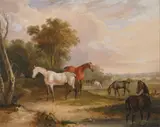 Francis Calcraft Turner, Horses Grazing: a Grey Stallion Grazing with Mares in a Meadow