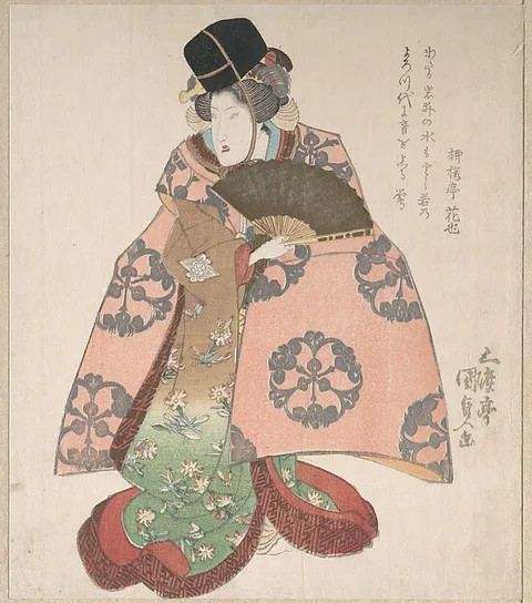 Toyokuni III, Kabuki Actor in a Female Role Standing with a Fan