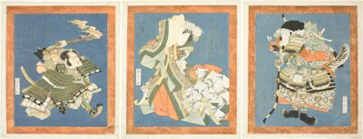 Toyokuni III, Bando Mitsugoro III as Minamoto no Yorimasa (right), Segawa Kikunojo V as Ayame no Mae (center), and Ichikawa Danjuro VII as I no Hayata (left)