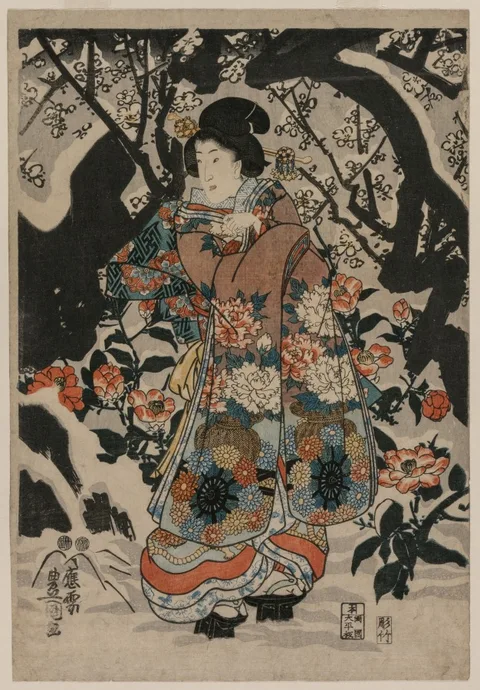 Toyokuni III, Woman Standing Beside a Plum Tree