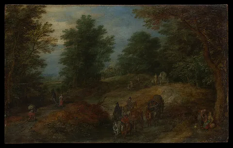 Jan Brueghel d.Ä., Landscape with Travelers on a Woodland Path