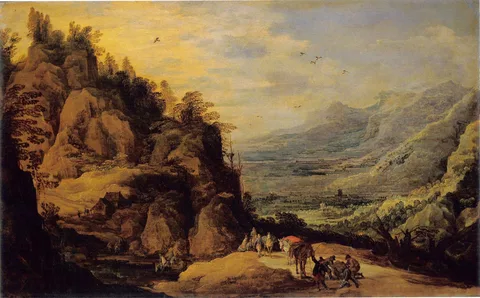 Jan Brueghel d.Ä., Mountainous Landscape with Figures and a Donkey