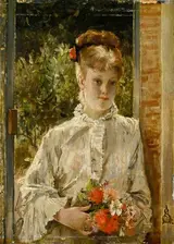 Alfred Emile Leopold Stevens, Young Woman in White Holding a Bouquet