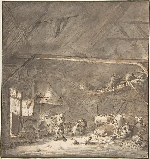 Isaack van Ostade, Barn Interior with Peasants and Cows (recto); Six Studies of Peasants (verso)