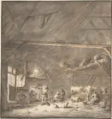Isaack van Ostade, Barn Interior with Peasants and Cows (recto); Six Studies of Peasants (verso)