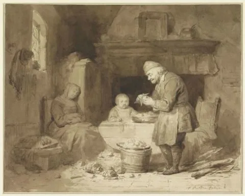 Ferdinand de Braekeleer, Terwijl een vrouw in slaap is gevallen, schilt een oude man aardappels