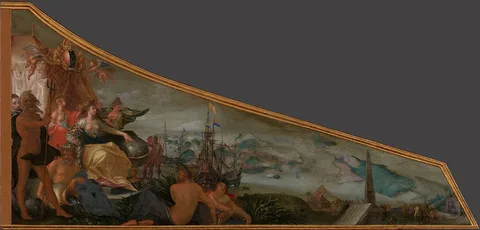 Karel van Mander, Harpsichord Lid showing an Allegory of Amsterdam as the Center of World Trade