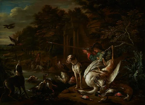 Adriaen de Gryef, Huntsman with a dead swan at the water's edge