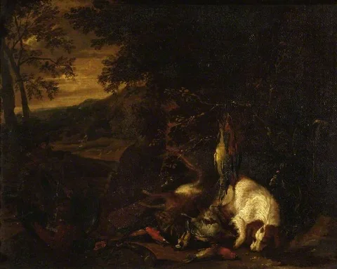 Adriaen de Gryef, Spaniel and dead game in a landscape