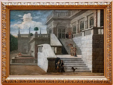 Jakob Ferdinand Saeys, Perspective view of a Italian palace animated with figures and gallant celebration