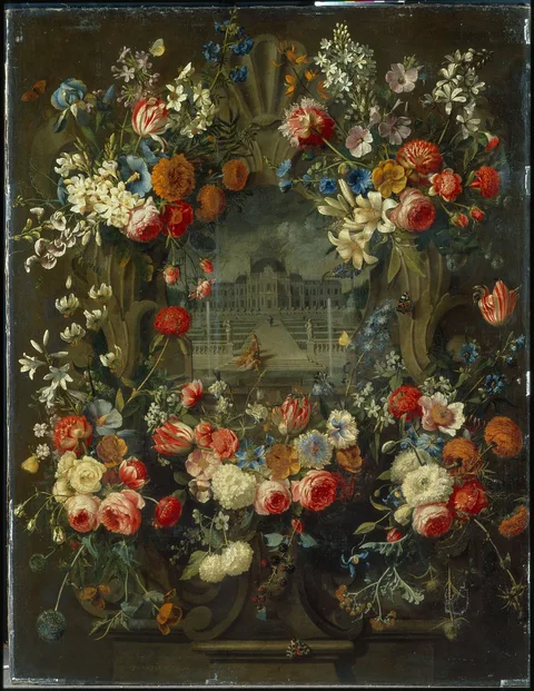 Jakob Ferdinand Saeys, Still life of garlands of flowers adorning a carved stone window, a palace garden with David and Bathsheba beyond