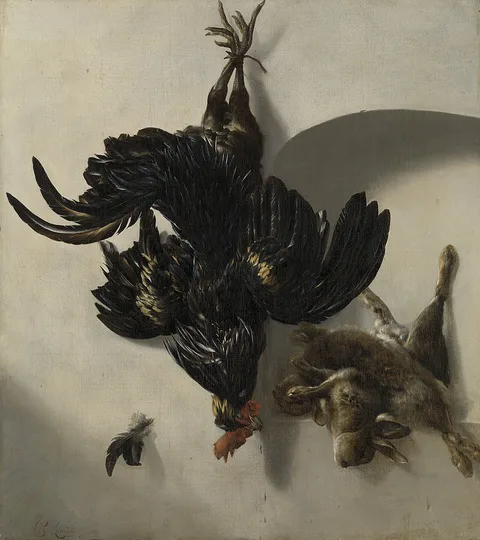 Cornelis van Lelienbergh, Still life with black rooster and two rabbits