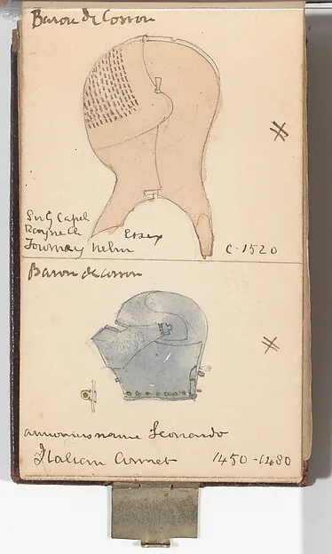 William Burges, Memorandum Book Showing Colored Sketches Mostly of European Helmets