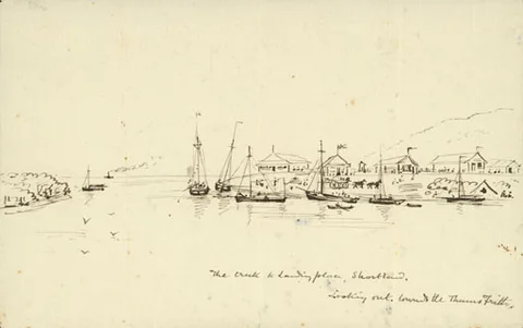 Charles Heaphy, The creek and landing place, Shortland. Looking out towards the Thames Frith.