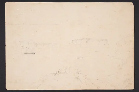 Charles Heaphy, The anchorage at Massacre Bay. Aorere mountains in the distance.