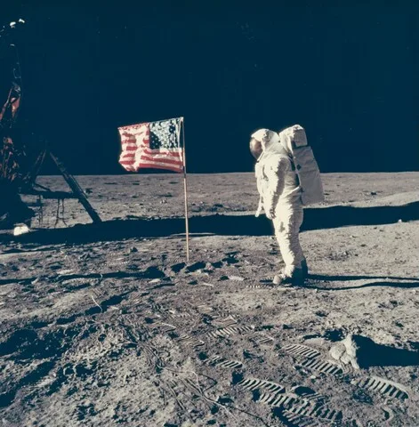 Neil Armstrong, Buzz Aldrin Poses with Flag