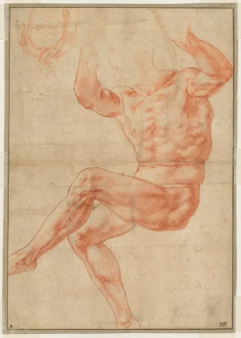 Michelangelo, Study for the Nude Youth over the Prophet Daniel (recto)