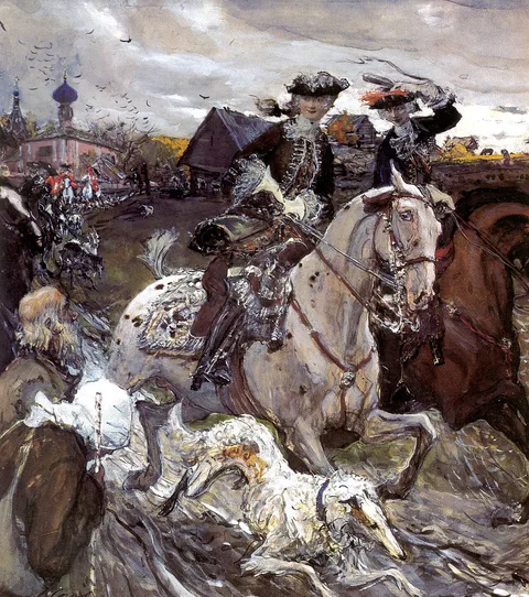 Valentin Serov, Peter II and Princess Elizabeth Petrovna Riding to Hound