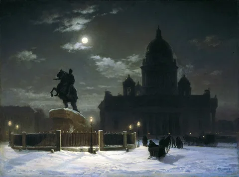 Vasily Surikov, View of the monument to Peter I on Senate Square in St. Petersburg by Surikov