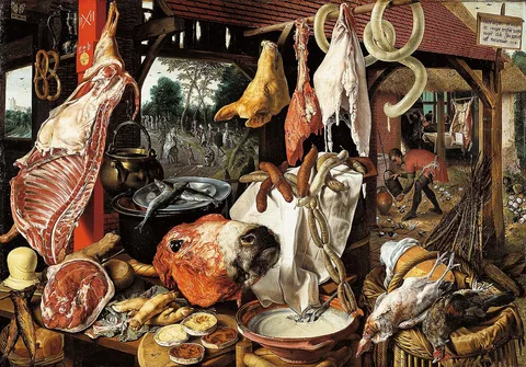 Pieter Aertsen, Butcher's Stall with the Flight into Egypt