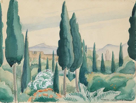 Gerda Wegener, A Moroccan landscape with pine trees.