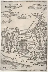 Domenico Beccafumi, The forger standing by an anvil pulling a man in chains, from "The various operations of alchemy"