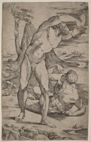 Domenico Beccafumi, Two Male Nudes Gesturing in a Landscape