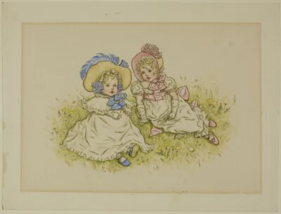 Kate Greenaway, Two Little Girls with Bonnets
