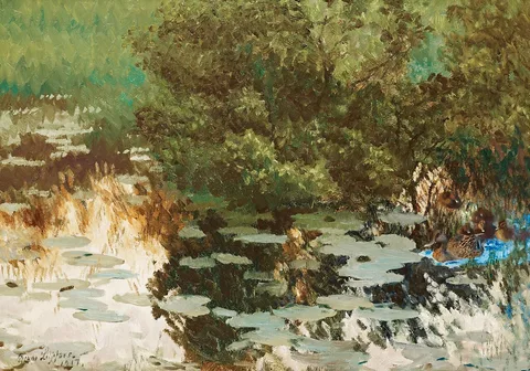 Bruno Liljefors, Duck family among water lilies.