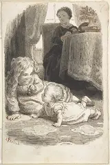 Lorenz Frølich, Mother Watching Over Two Young Children Playing (recto); Baby in a Bassinet (verso)